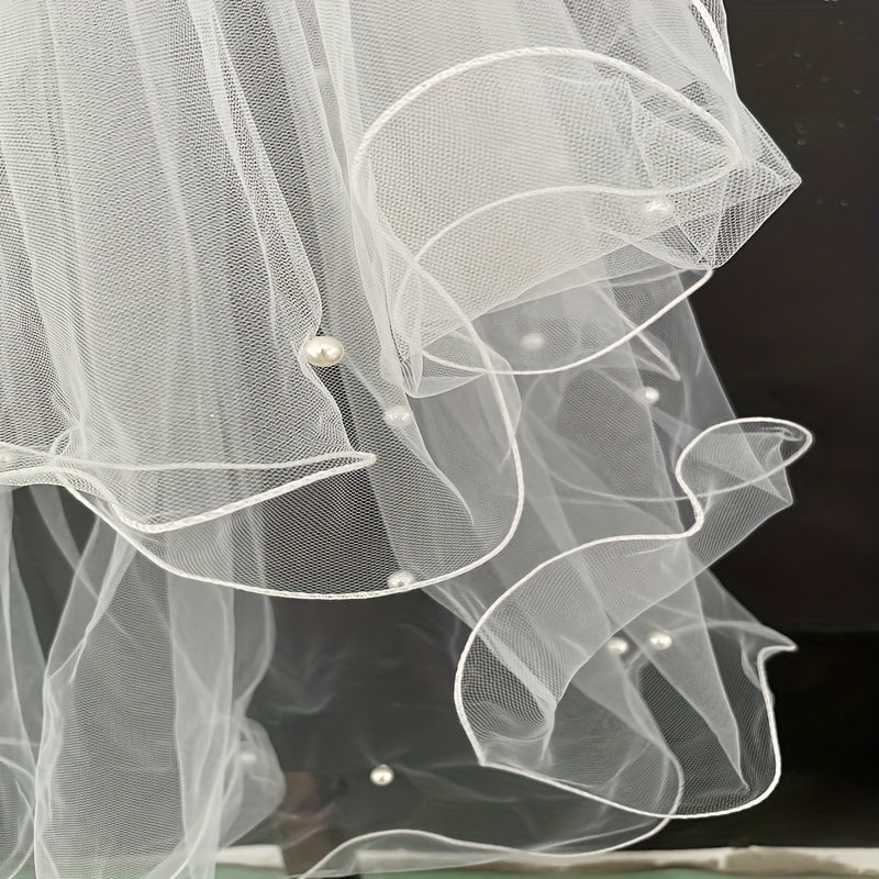 Double Layer Veil With Comb White Ribbon Bridal Hair Accessories