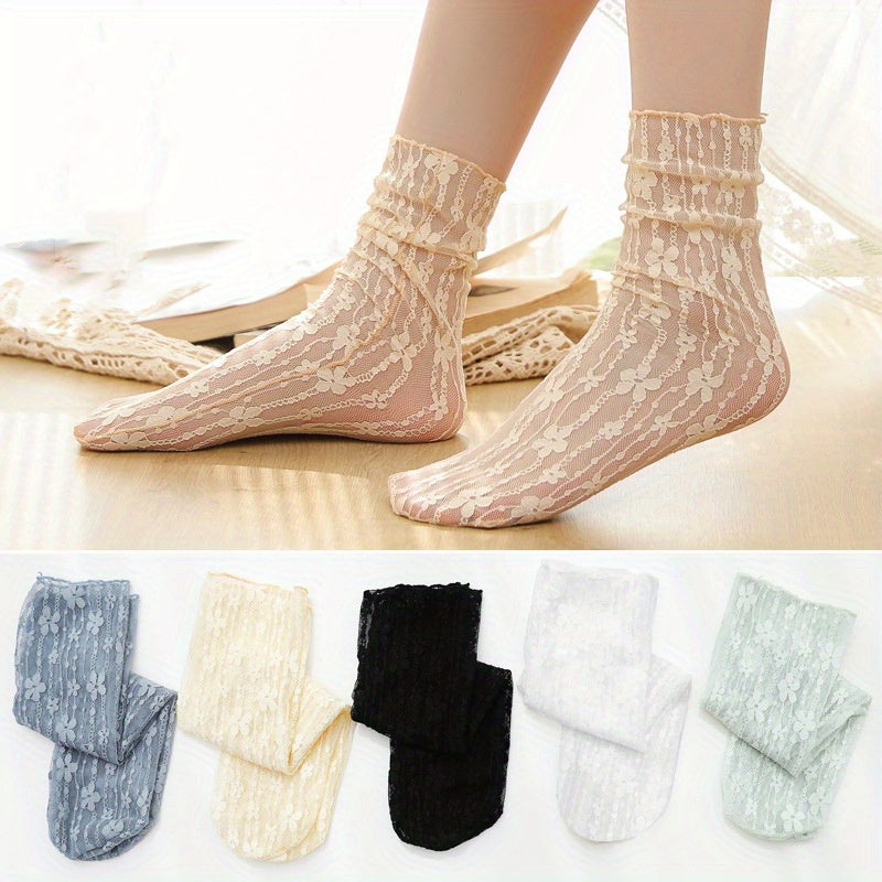 5 Pairs Floral Lace Mesh Socks Lightweight Mid Tube Women's Stockings