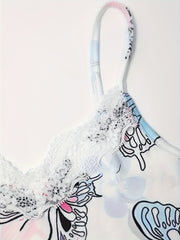 Butterfly Print Pajama Set V Neck Cami Top & Lace Trim Shorts