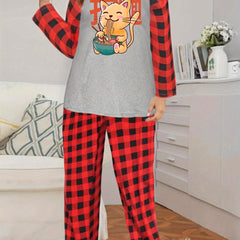 Ramen & Cat Print Raglan Sleeve Top & Plaid Pants Lounge Set