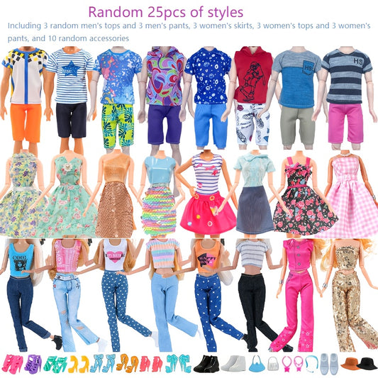 11.5 inch Doll Clothing Set - 25pcs Men's and Women's Tops, Pants, Skirts