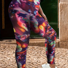 Sports Leggings Painting & Stripe Print Slim Fit Hip Lift