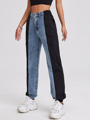 Colorblock High Waist Straight Jeans Flap Pockets Loose Fit