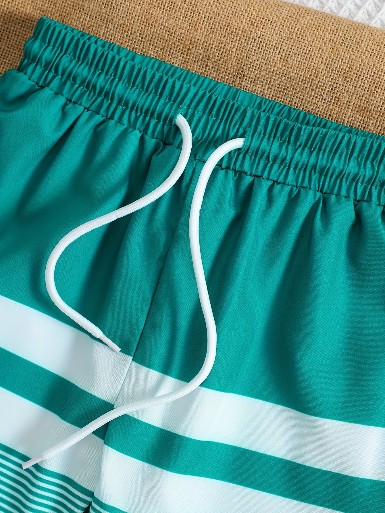 Boys Beach Pants Strip Print Drawstring Elastic Waist Swim Trunks