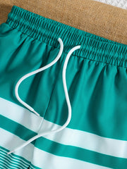 Boys Beach Pants Strip Print Drawstring Elastic Waist Swim Trunks