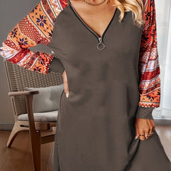 Colorblock Geometric Print Ribbed Dress