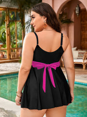 Colorblock Cross Front Tankini Set with Bow Back Detail