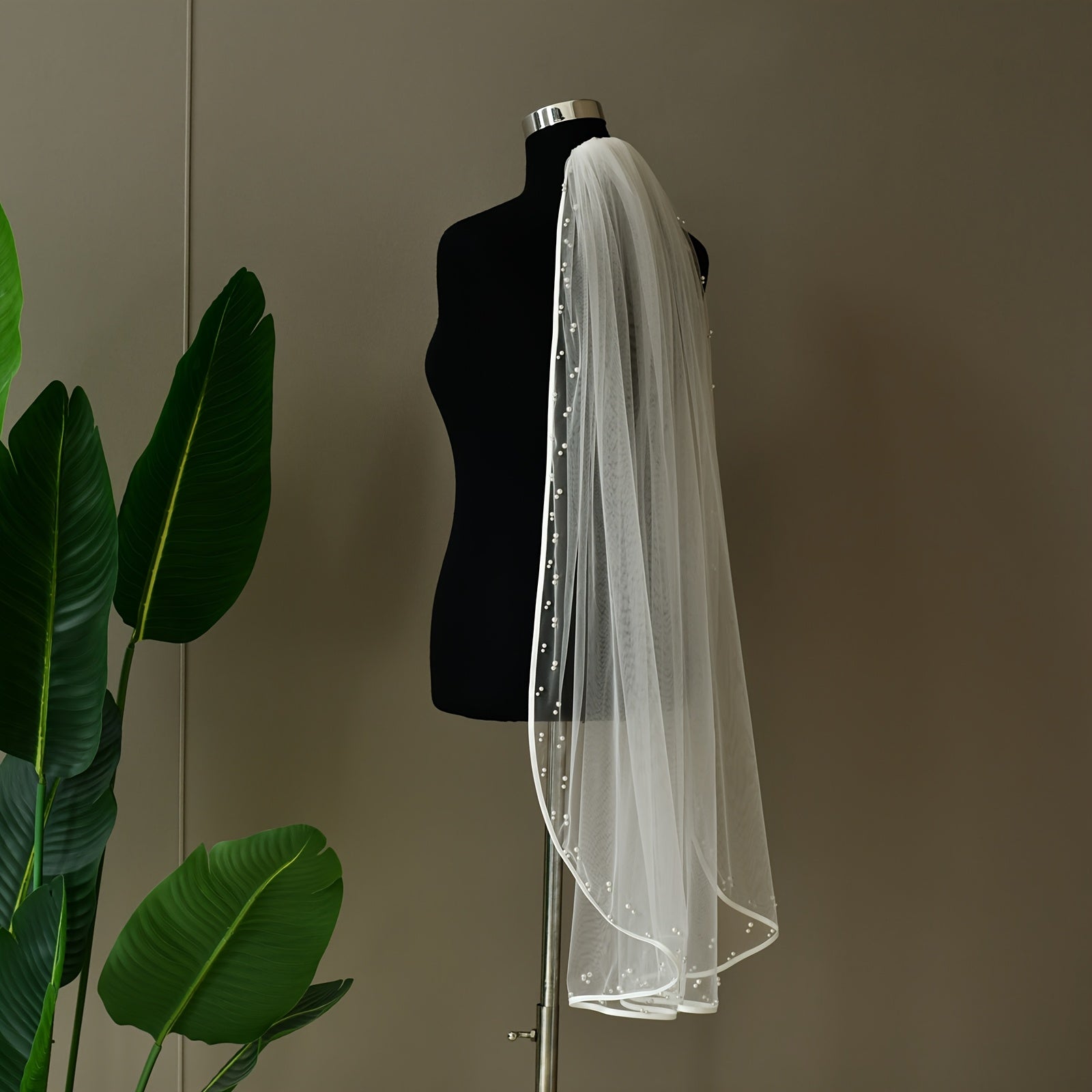 Long Bridal Veil with Beaded Detail Satin V Neck 3 4 Sleeve