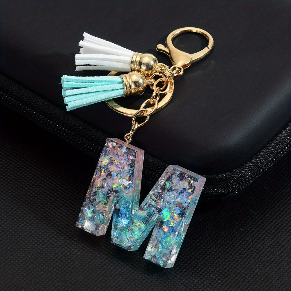 Resin Initial Letter Keychain w/ Tassel Small Bag Accessories Keyring Pendant