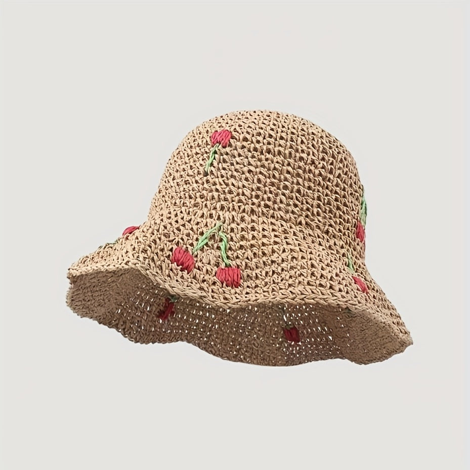 Ruffles Brim Vintage Sun Hat Cherry Crochet Straw Hat UV Protection