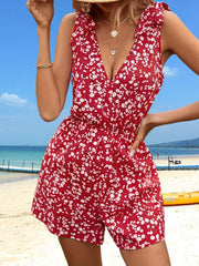 Floral Print V Neck Romper Jumpsuit Sleeveless Sexy Women's Clothing