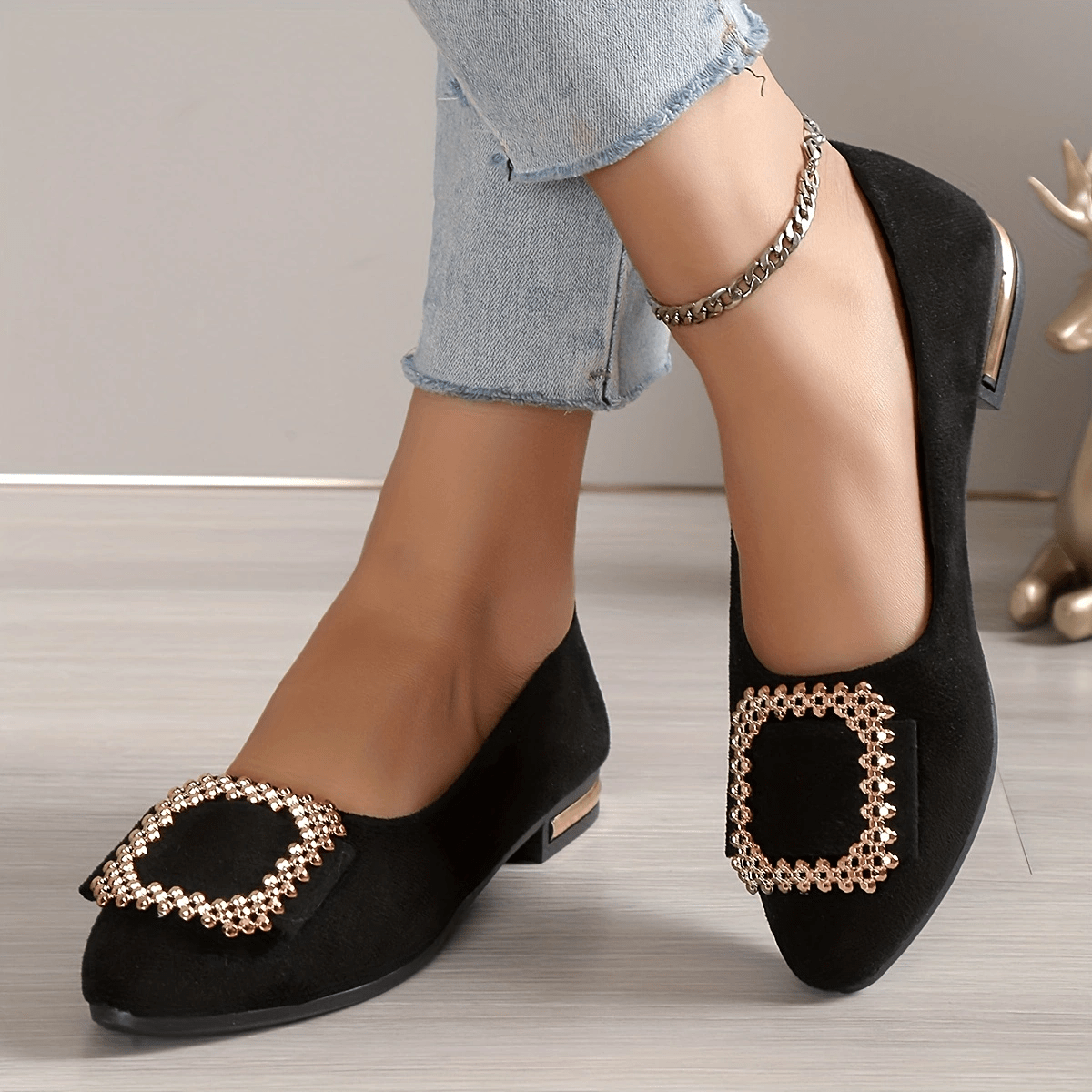 Women's Pointed Toe Ballet Flats Soft Sole Shoes Square Metal Decor