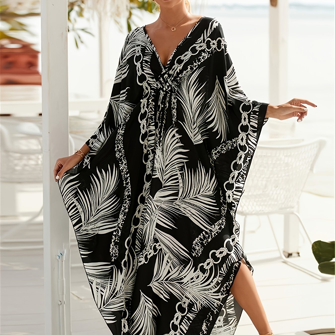 Chain Print Bat Sleeve Cover Up Dress