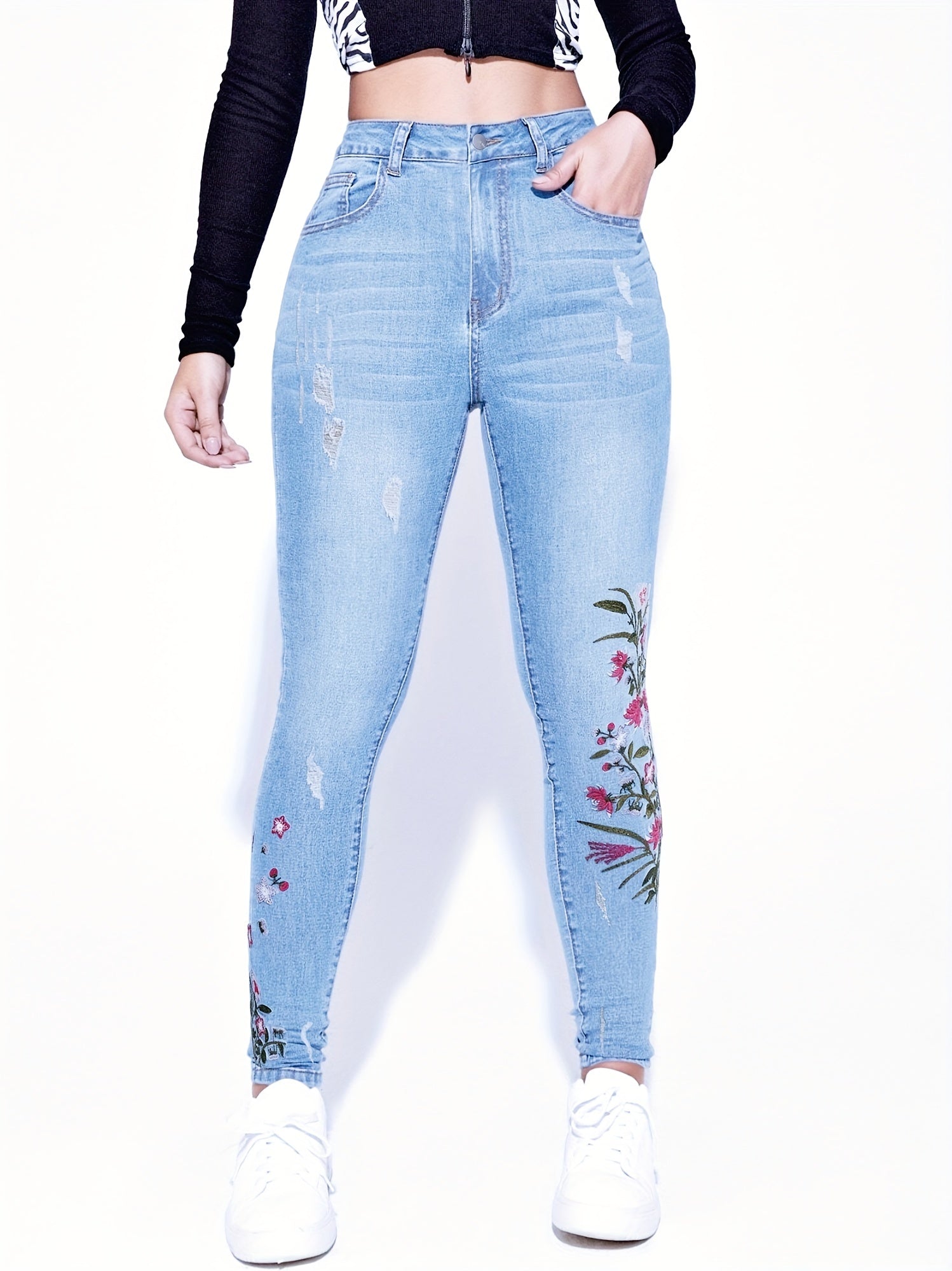 Floral Embroidery Ripped Skinny Jeans High Waist Stretchy Slim