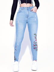 Floral Embroidery Ripped Skinny Jeans High Waist Stretchy Slim