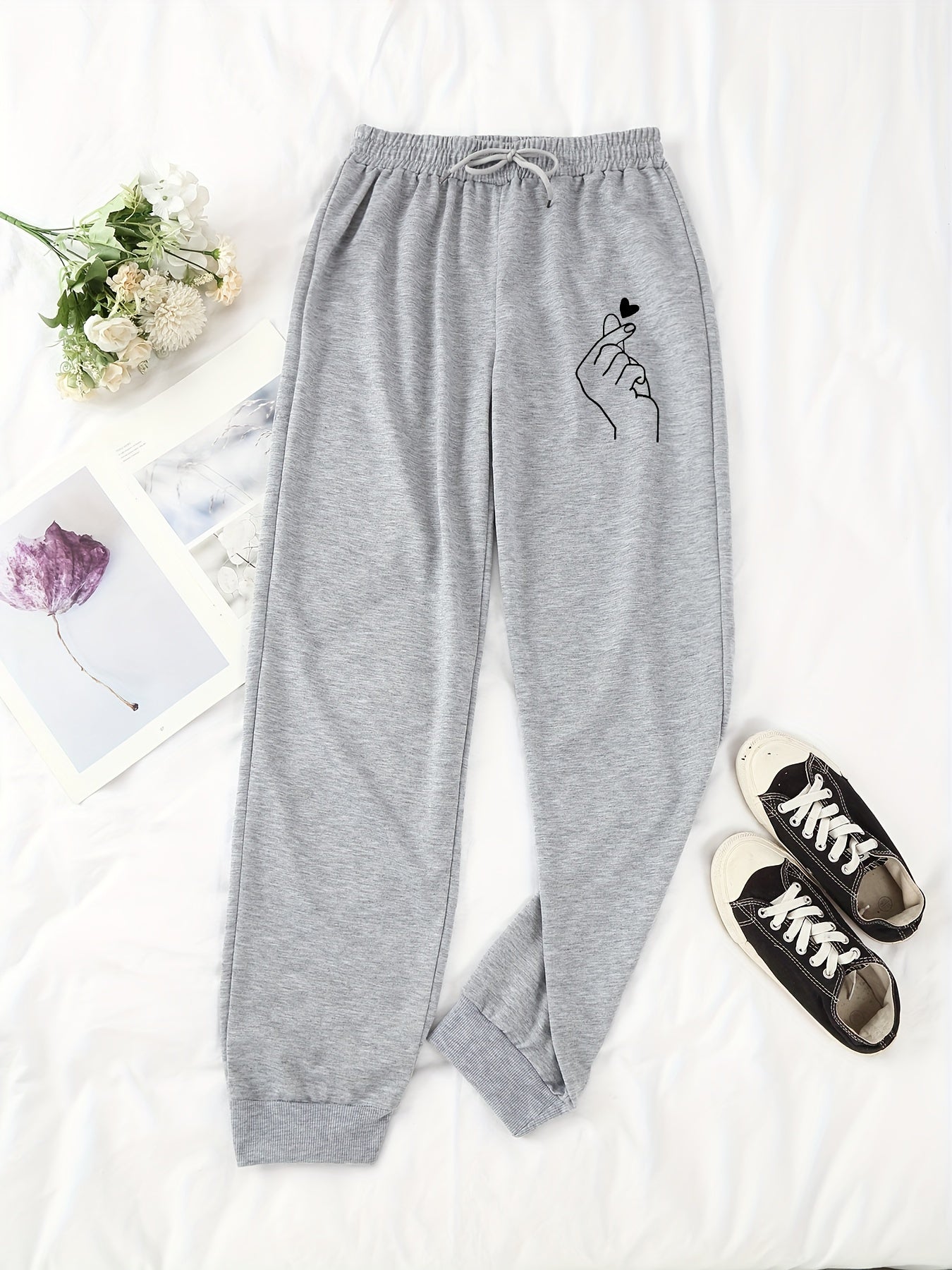Heart Print Pants Casual Drawstring Elastic Waist Jogger Pants