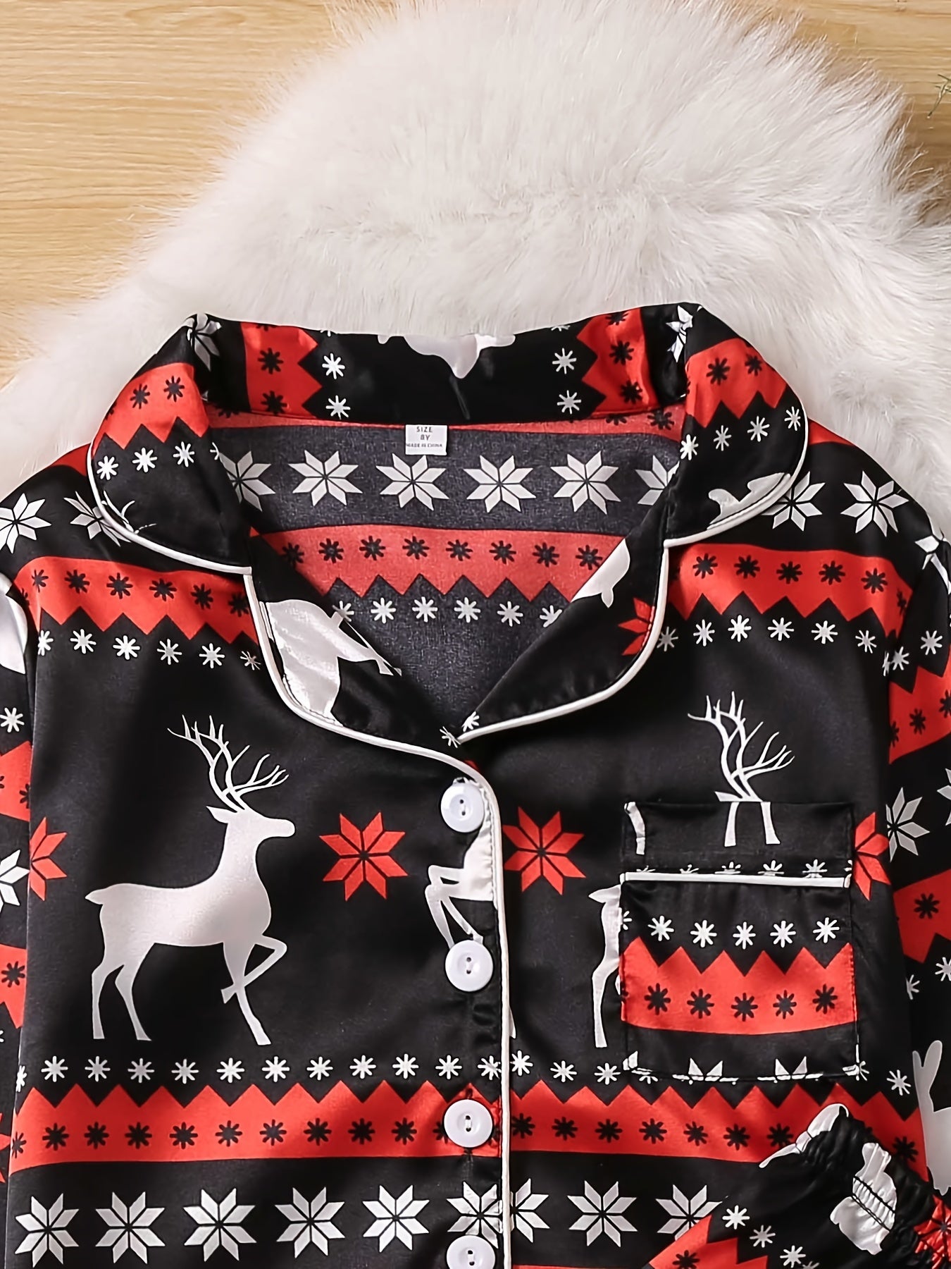 Kids Satin Lounge Wear Homewear Top & Pants Set Pajamas Set With Elk Pattern