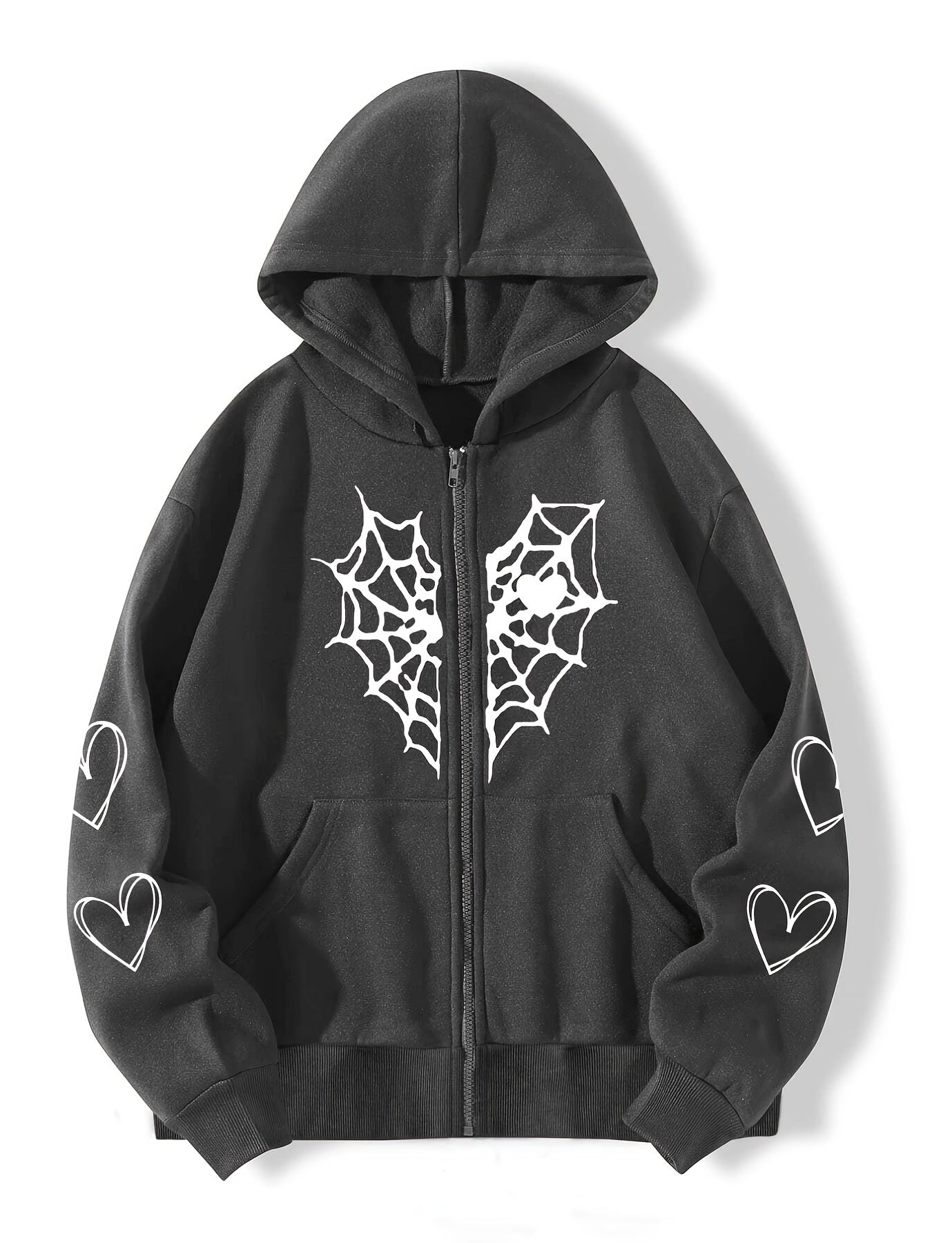 Heart Print Drawstring Hoodie Zip Sweatshirt