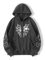 Heart Print Drawstring Hoodie Zip Sweatshirt