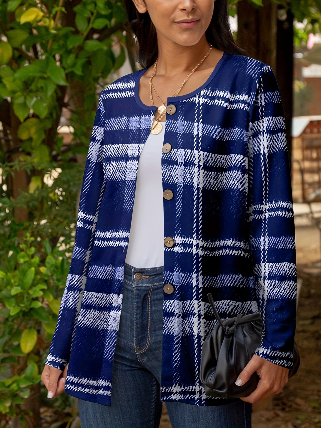Gingham Print Long Sleeve Button Up Round Neck Cardigan