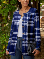 Gingham Print Long Sleeve Button Up Round Neck Cardigan