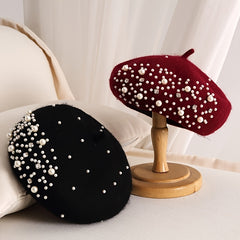 Faux Pearl Rhinestone Beret Winter Thermal Hat - Chinese New Year Gift
