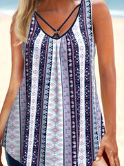 Geo Striped Tankini Set V Neck Ring Linked Top & Shorts Swimsuit