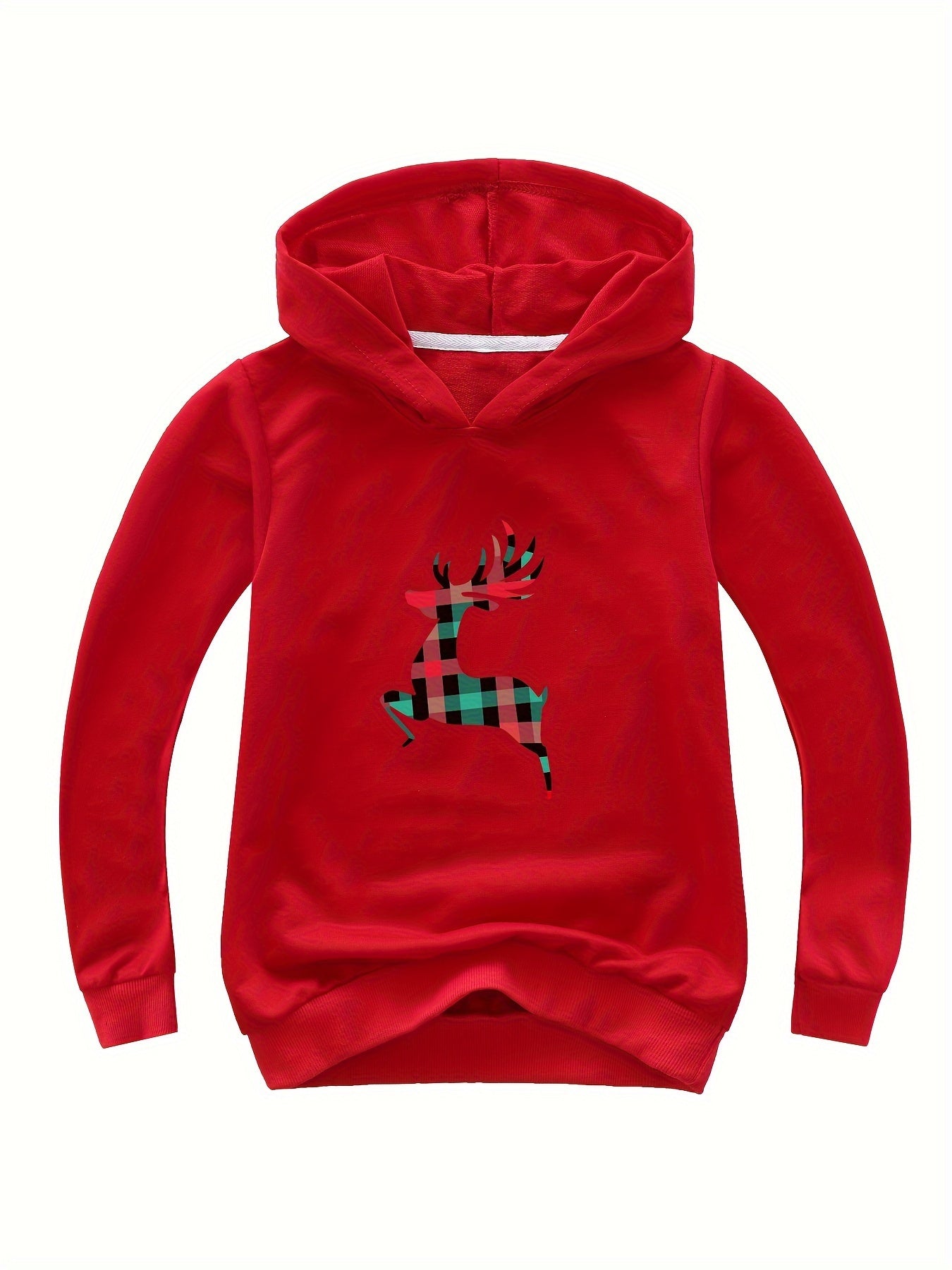 Plaid Reindeer Print Cotton Hoodie for Girls Spring Fall