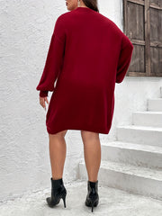 Solid Lantern Sleeve Round Neck Midi Sweater Dress Plus Size