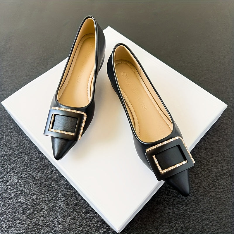Women's Metallic Buckle Decor Slip-On Shallow Mouth Chunky Heel Shoes