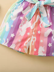 Toddler Girls Puff Sleeve Button Rainbow Unicorn Graphic Belted Rompers