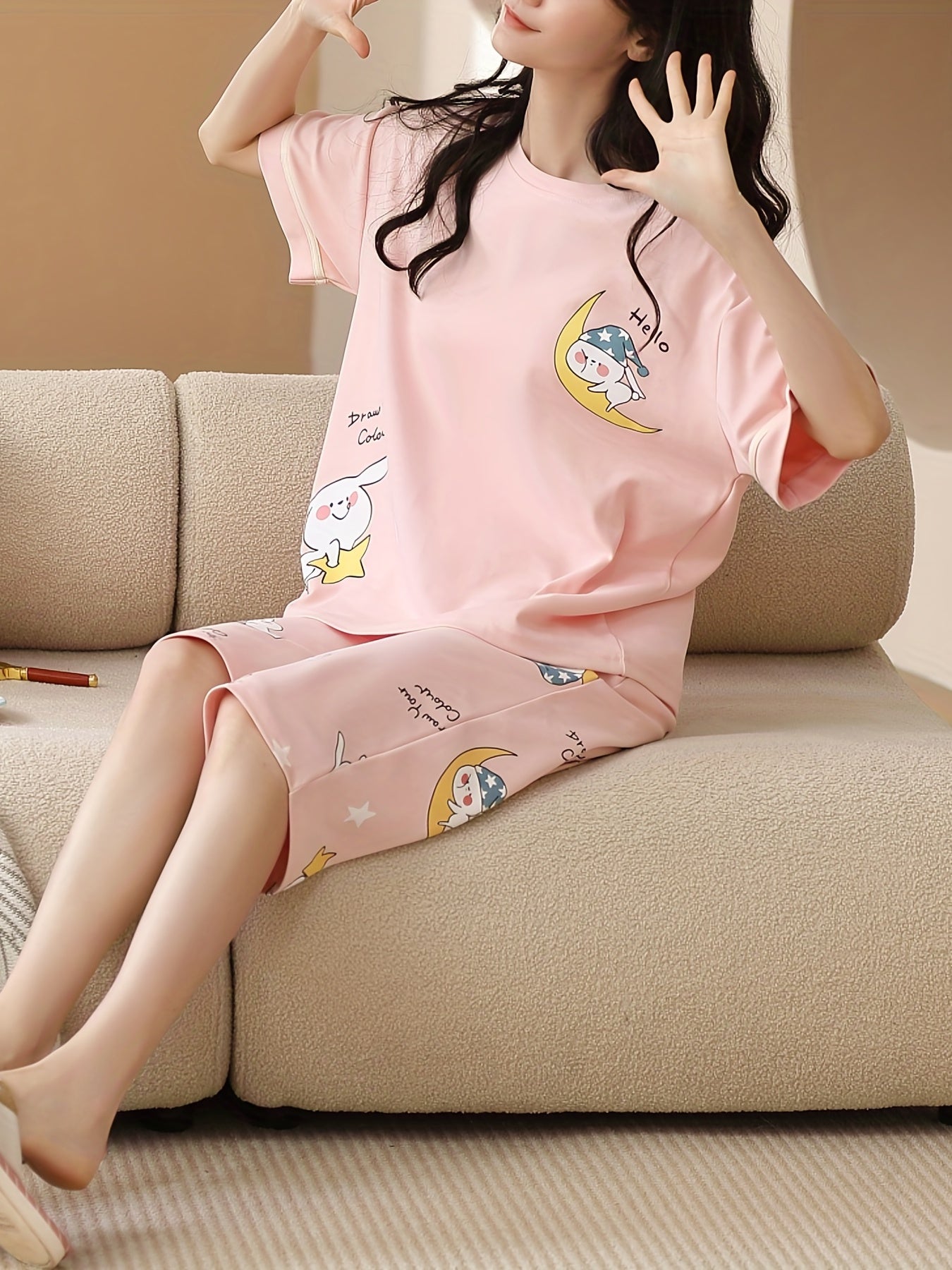Bunny & Moon Print Pajama Set Short Sleeve Top & Cozy Crop Pants