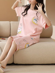 Bunny & Moon Print Pajama Set Short Sleeve Top & Cozy Crop Pants
