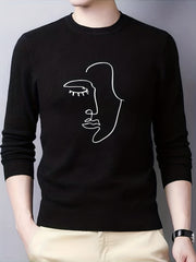 Abstract Face Painting Print Knitted Sweater Men's Warm Crew Neck Pullover
