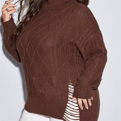 Casual Sweater Jacquard Ripped Turtle Neck Long Sleeve Sweater