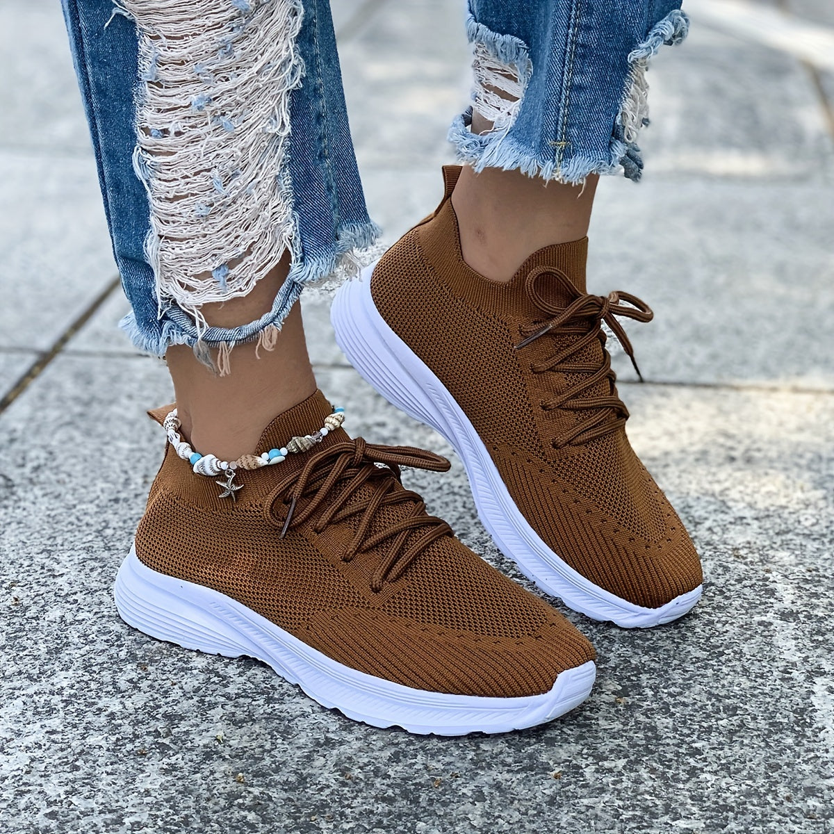 Women's Knit Sock Sneakers Lace Up Low Top Sports Shoes