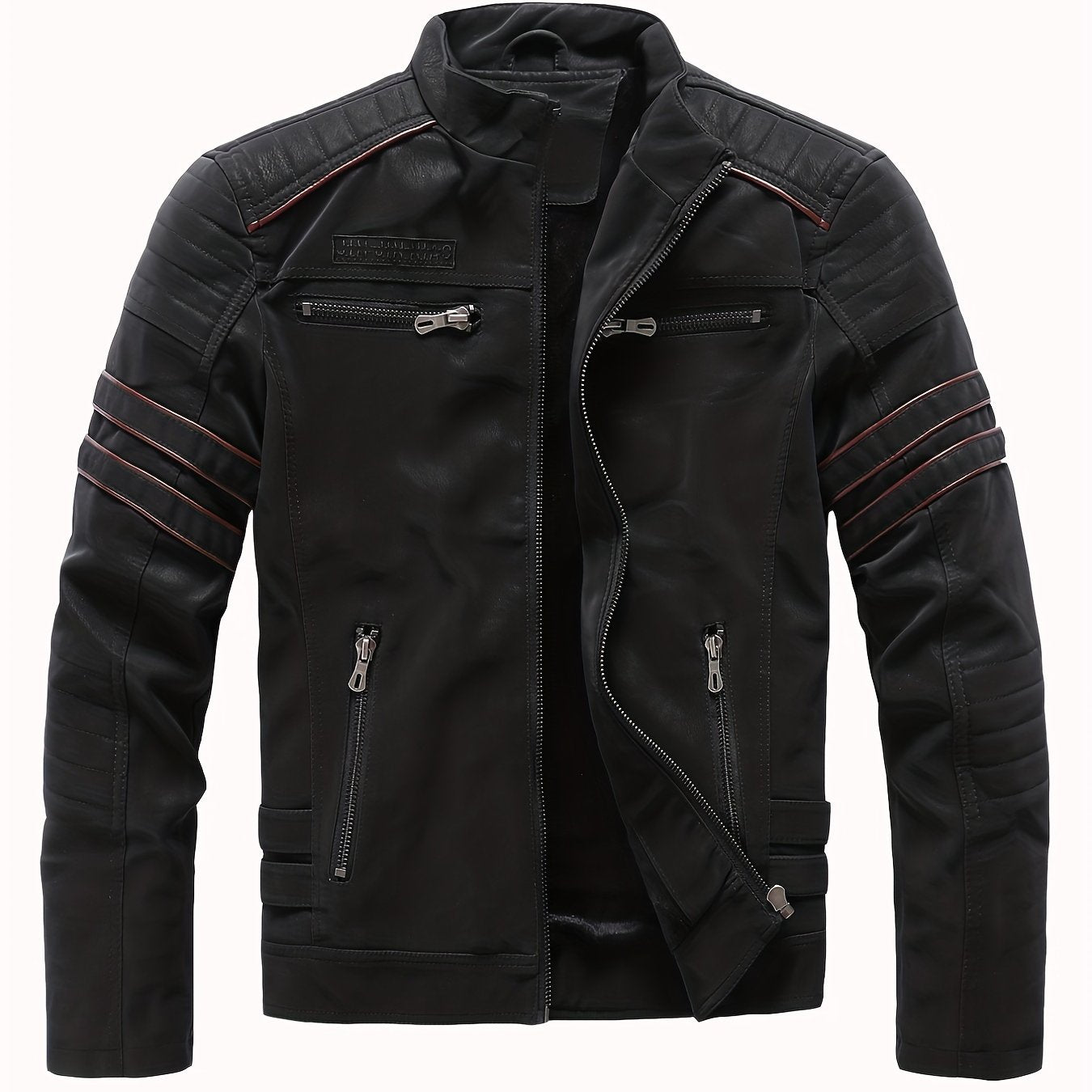 Men's Fleece Biker Jacket PU Leather Zip Up Stand Collar