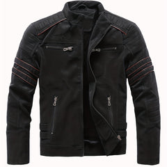 Men's Fleece Biker Jacket PU Leather Zip Up Stand Collar