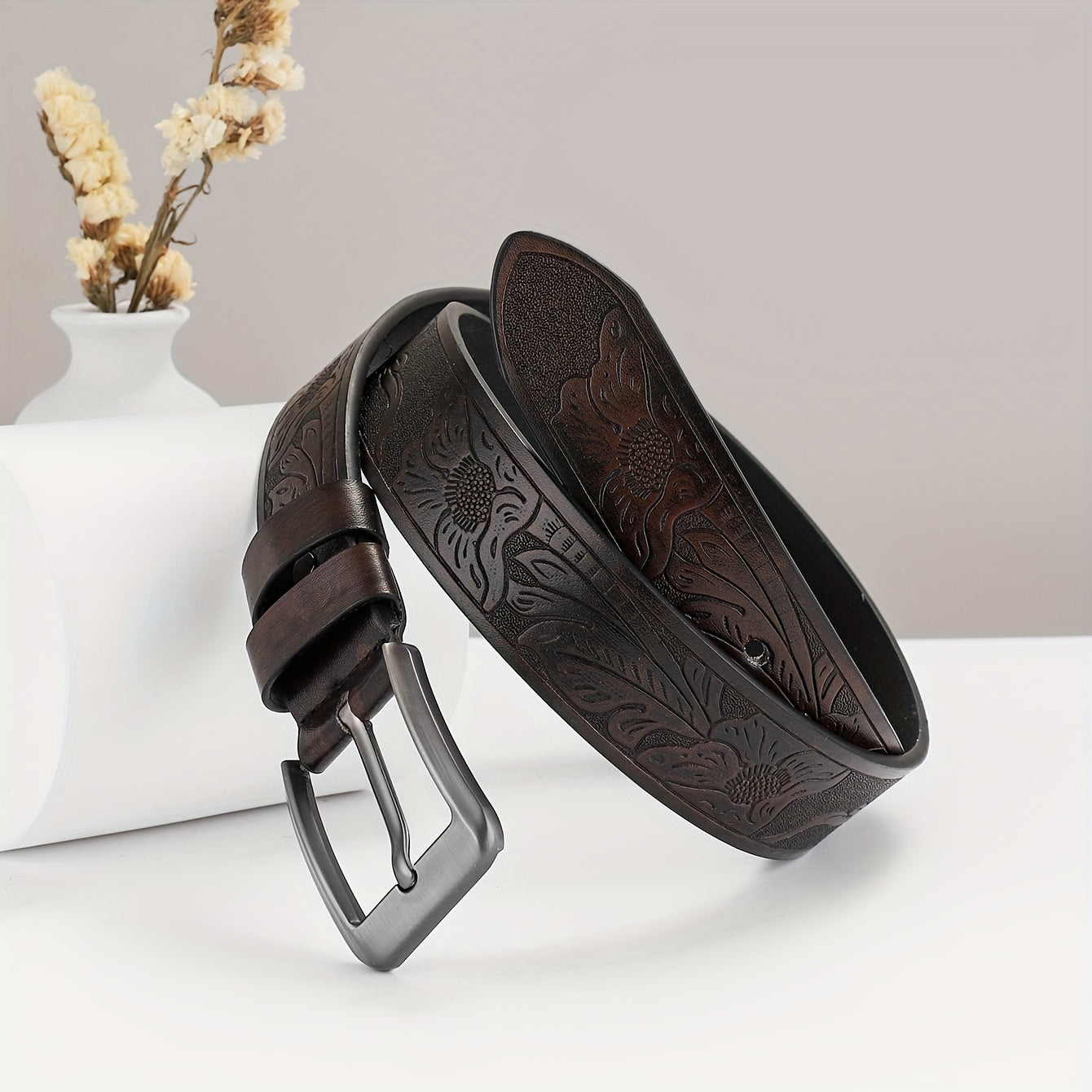 Embossed Leather Belt Waistband Retro Casual Belt For Men
