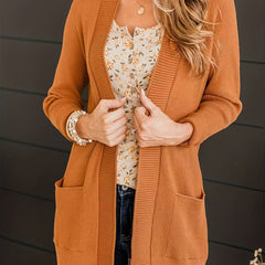 Solid Long Sleeve Open Front Knit Cardigan With Pockets