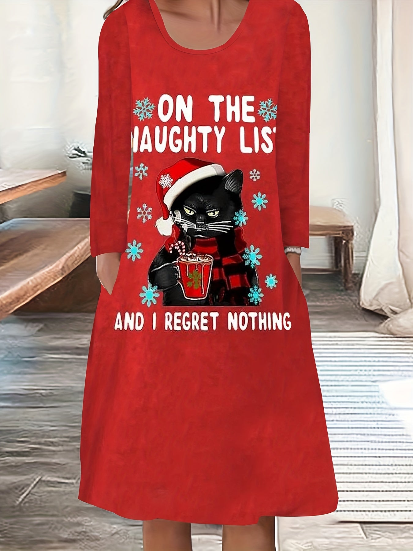 Christmas Dress Women's Plus Christmas Hat Cat & Slogan Print Dress