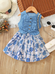 Girl's Sleeveless Denim Leopard Print Dress
