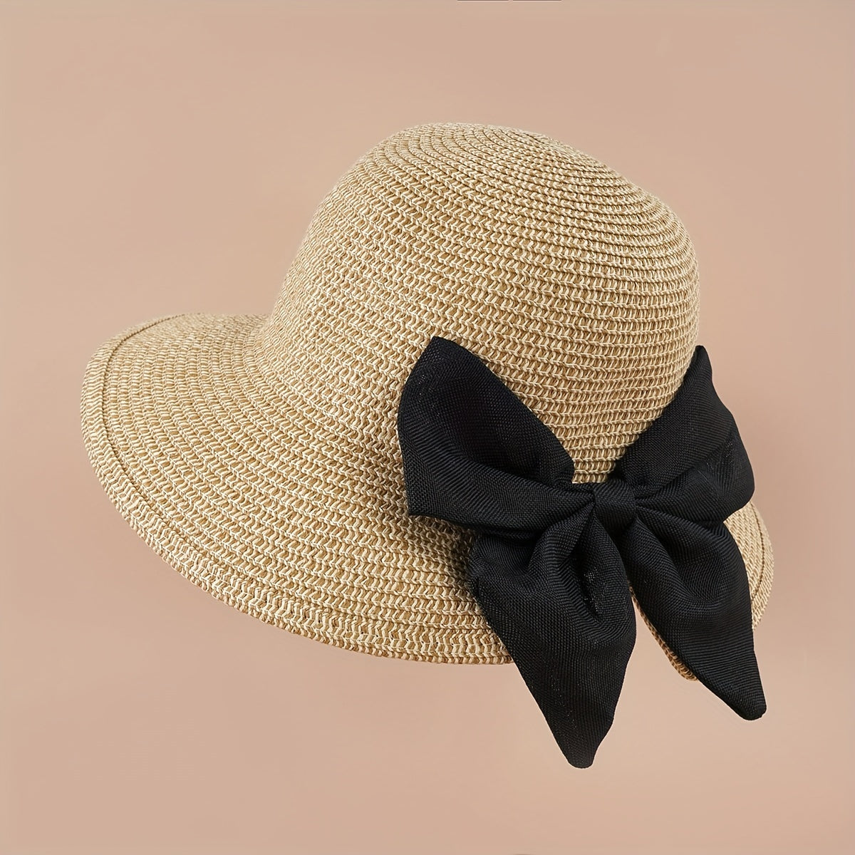 Bowknot Ponytail Straw Sun Hat Solid Sunscreen Beach Hat