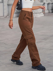Loose Fit Cargo Denim Pants Mid Waist Straight Legs Denim Pants