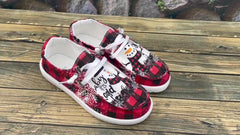 Christmas Women's Casual Flat Red Grid Snowman Print Canvas Shoes