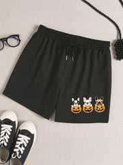 Women's Plus Pumpkin & Puppy Print Drawstring Elastic Waist Shorts