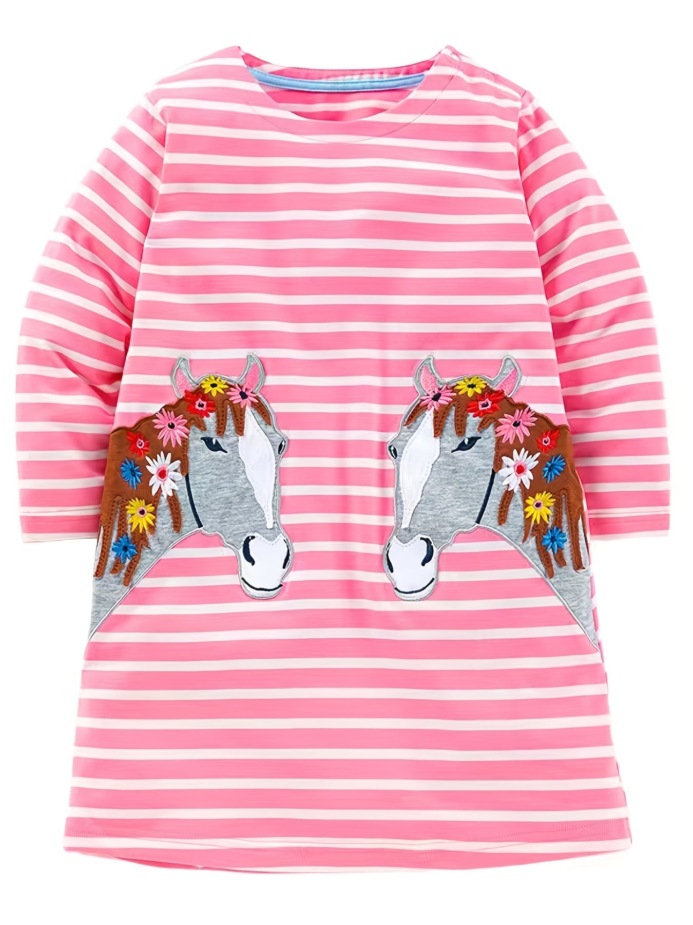 Girls Striped Long Sleeve Dress with Horse Embroidery