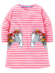 Girls Striped Long Sleeve Dress with Horse Embroidery