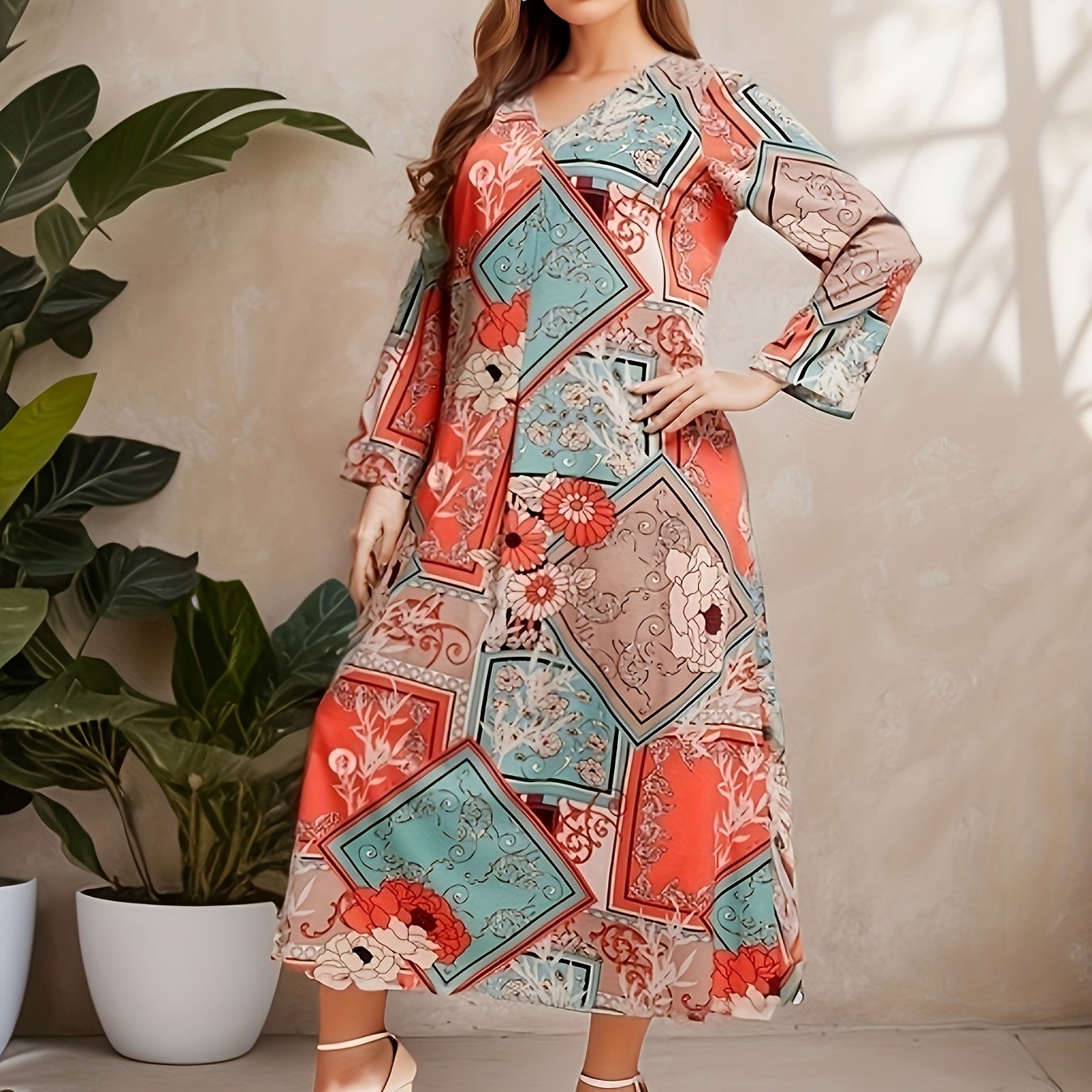 Boho Dress Women's Plus Scarf & Floral Print Maxi Dress