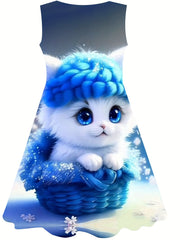 Cartoon Cat Sleeveless Dress for Girls - Summer Outdoor Wear